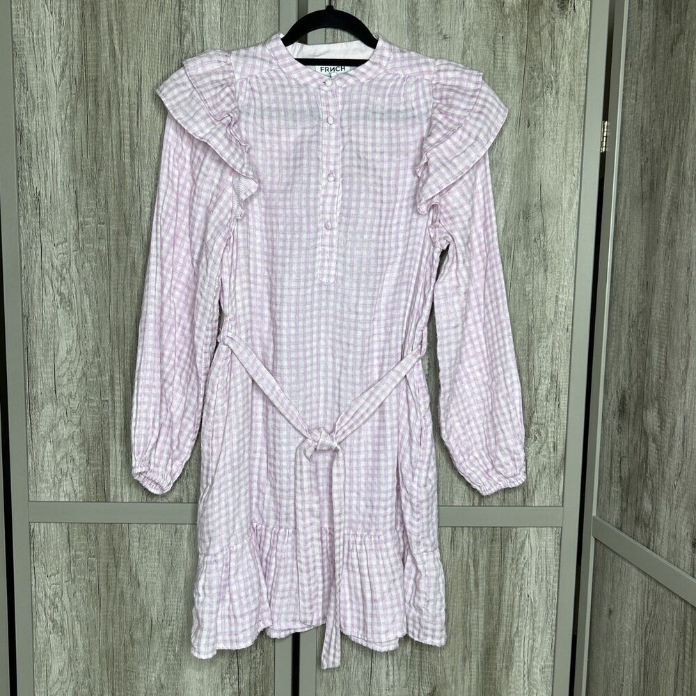 FRNCH Women Gingham Short Dress Pink White Ruffle Sleeves Size XS